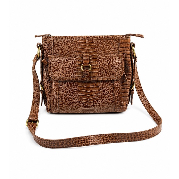Coldwater Creek Handbags - Coldwater Creek Vintage Sophie Brown Croc Embossed Leather Boho Crossbody Bag